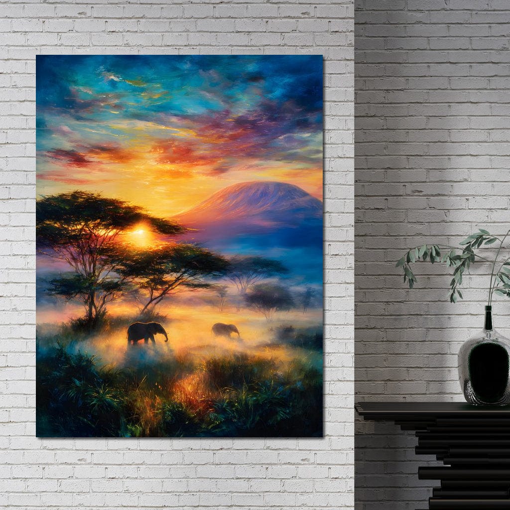 tablou canvas cu un peisaj de savana la apus de soare, cu elefanti prin iarba