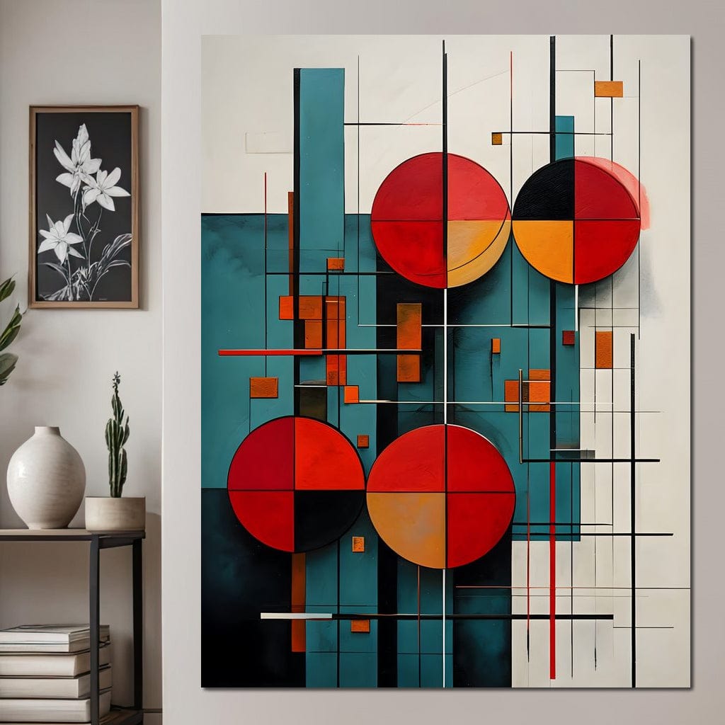 Tablou Canvas Premium, LuxCanva® J1005, Baletul Cercurilor, Coregrafie, Simfonie, Armonii, Compozitie, Circular, Rosu, Turcoaz, Echilibru, Bauhaus, Living, Dormitor