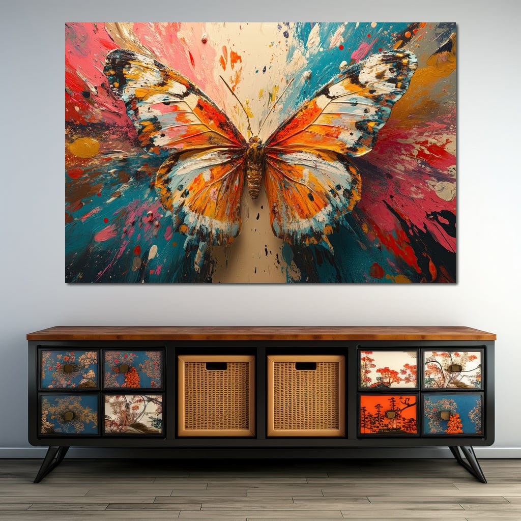 tablou canvas cu un fluture portocaliu pe fundal abstract multicolor