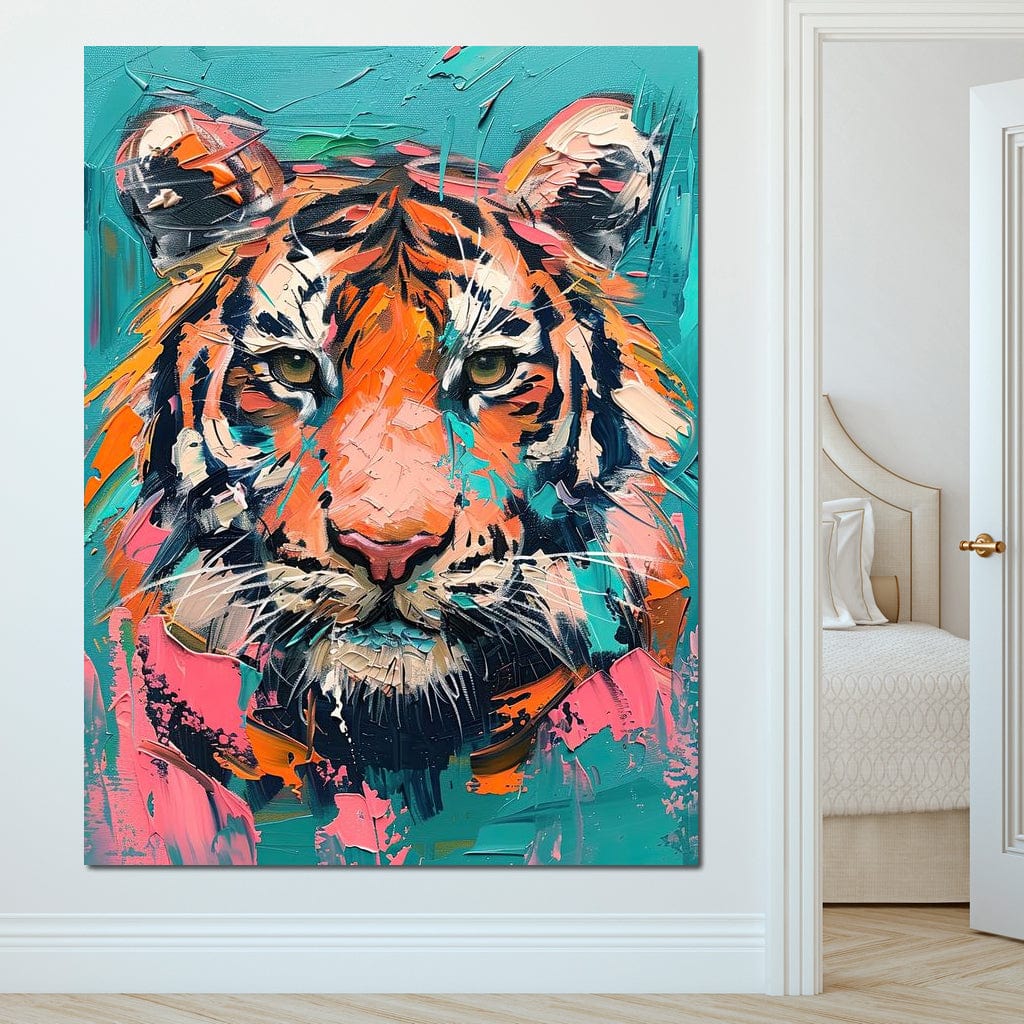 tablou canvas cu un cap de tigru pictat in culori pastelate stil Pop Art, pe fundal in nuante de turcoaz si roz