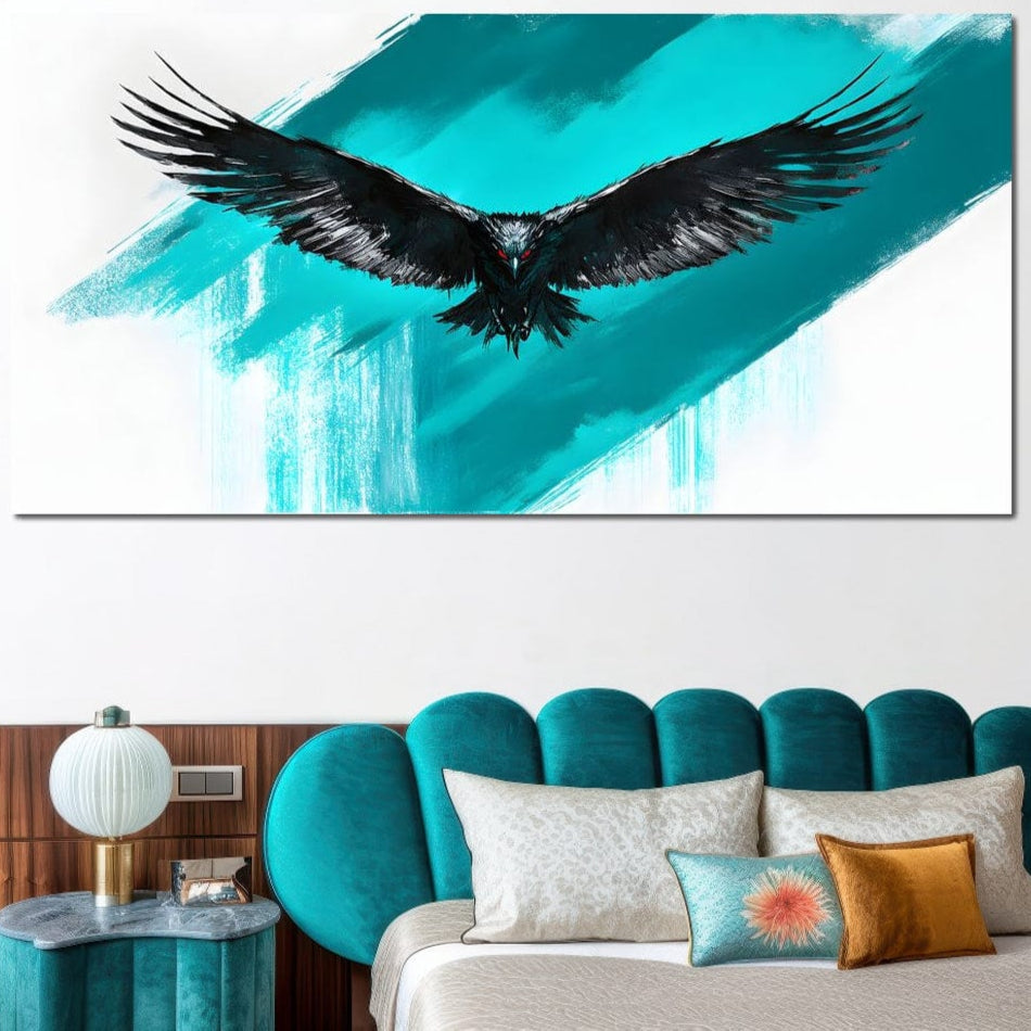 tablou canvas cu un vultur negru in zbor, pe fundal abstract turcoaz si alb