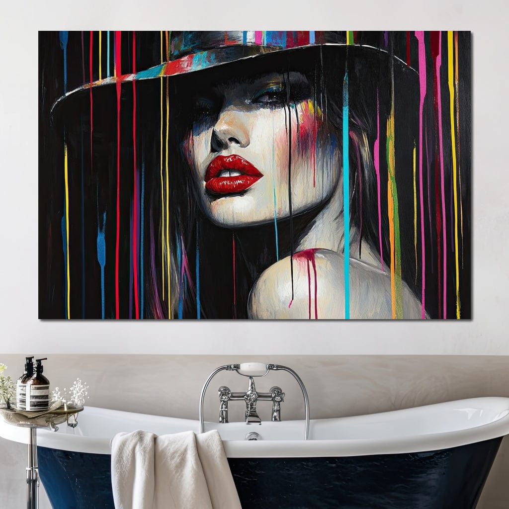 Tablou Canvas Premium, LuxCanva® G1099, Drama Culorilor, Glam, Neon, Buze, Rosii, Excentric, Gratii, Palarie, Portret, Feminism, Living, Dormitor