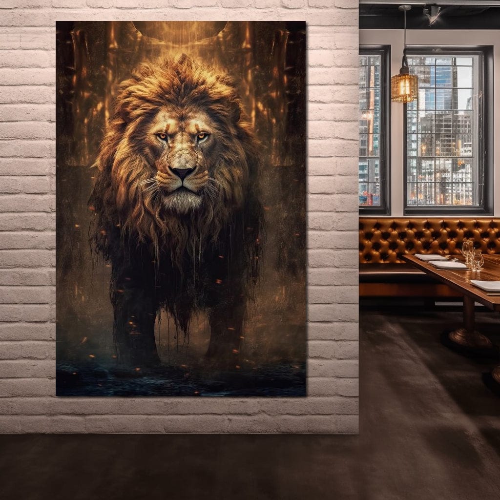 tablou canvas cu un leu impunator, redat in tonuri aurii si lumini dramatice