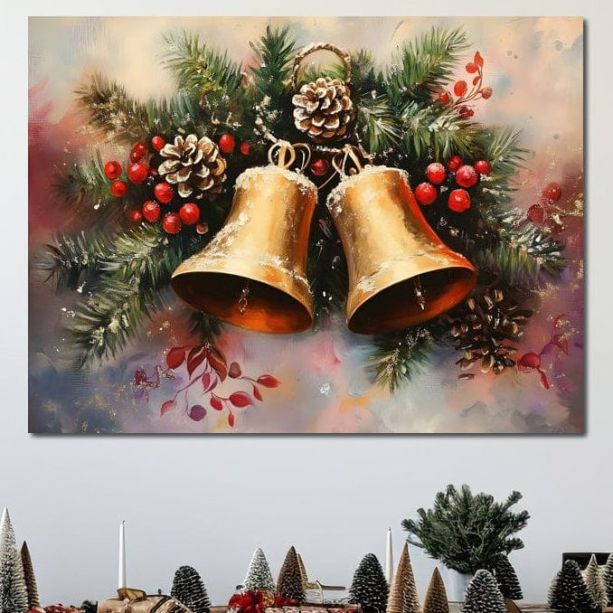 LuxCanva® Tablou Canvas Premium D1089 "Colindul Clopotelor" surprinde două clopoței aurii cu crenguțe de brad, conuri și accente roșii, aducând un farmec festiv, magic și premium în orice cameră de sărbători.