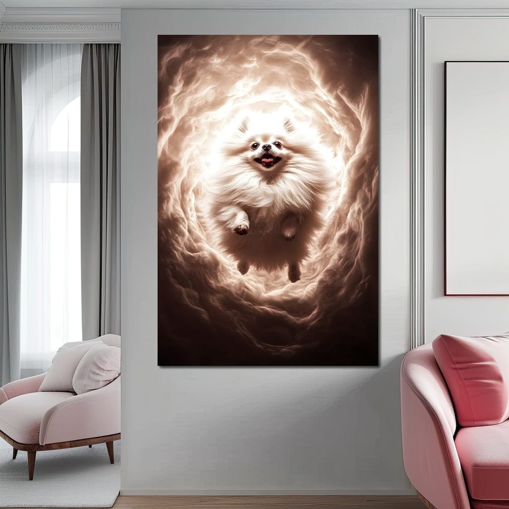 tablou canvas cu un caine pomeranian alb in saritura printr-un vortex eteric de lumina si texturi vaporoase