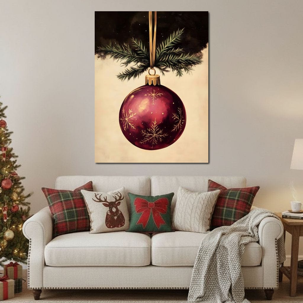 Tablou Canvas Premium, LuxCanva® D1078, Glob Regal, Stralucire, Visiniu, Frumusete, Aur, Rosu, Ramura, Verde, Brad, Podoaba, Iarna, Festiv, Panglica, Atemporal, Clasic, Camera Copil, Living, Dormitor