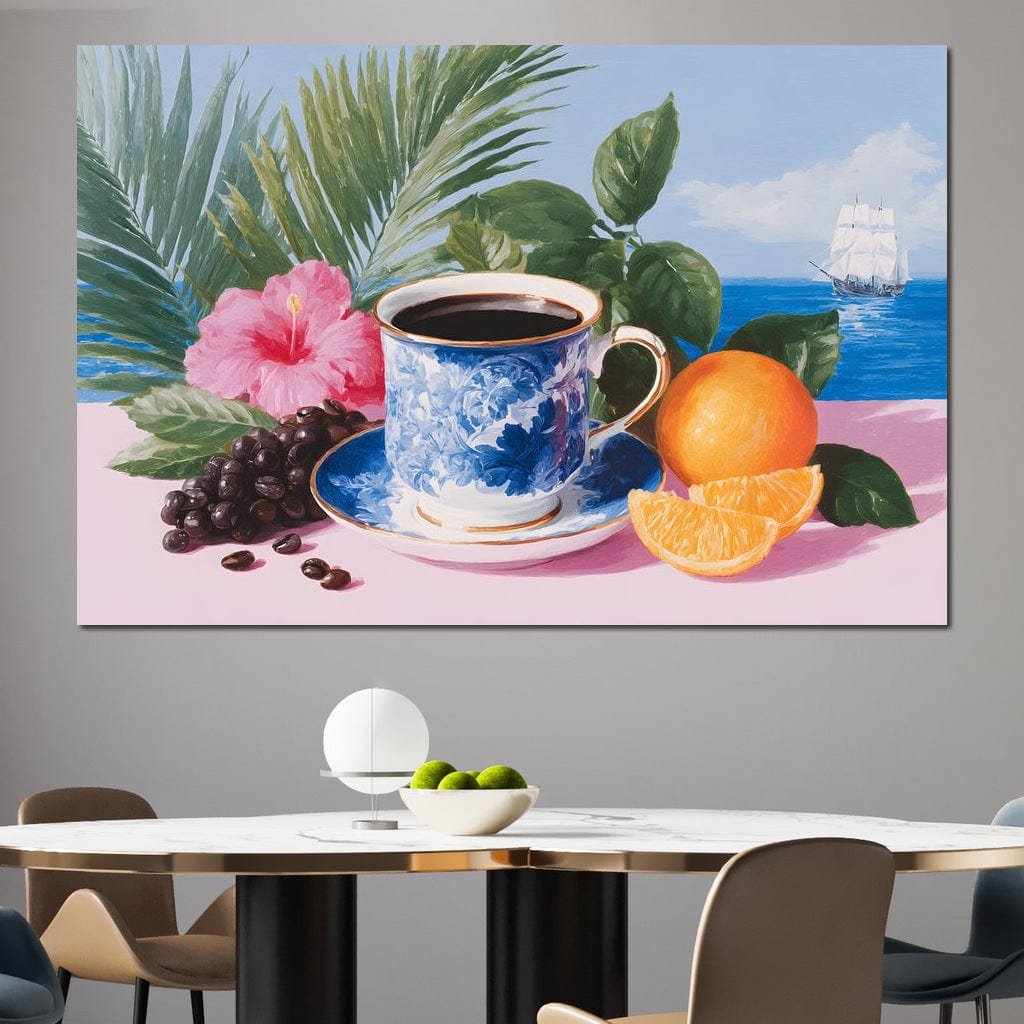 tablou canvas cu o ceasca de cafea, o portocala si boabe de cafea, pe o masa roz cu flori si frunze, pe fundal exotic cu o barca pe apa