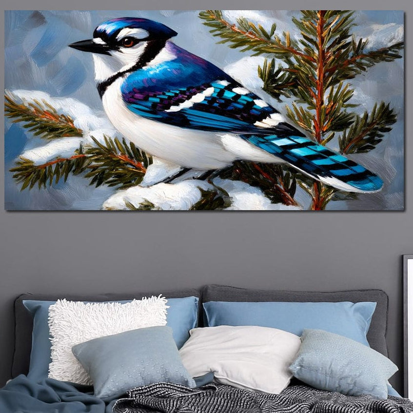 Tablou Canvas Premium, LuxCanva® D1110, Melodia Albastrului Ceresc, Cantec, Albastru, Pasare, Ramura, Iarna, Natura, Pene, Brazi, Ger, Stralucire, Cer, Echilibru, Living, Dormitor