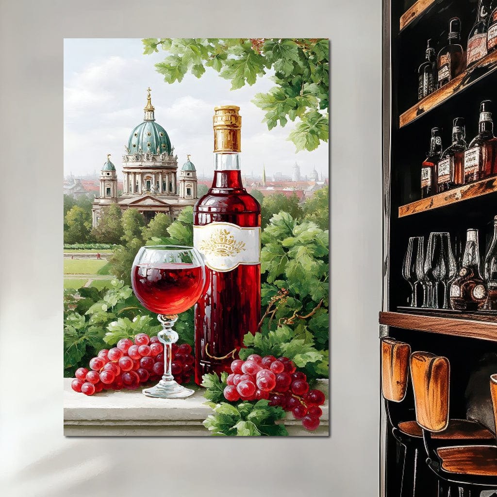 tablou canvas cu o sticla si un pahar de vin rosu, printre struguri si vegetatie, cu o manastire si un cadru urban pe fundal