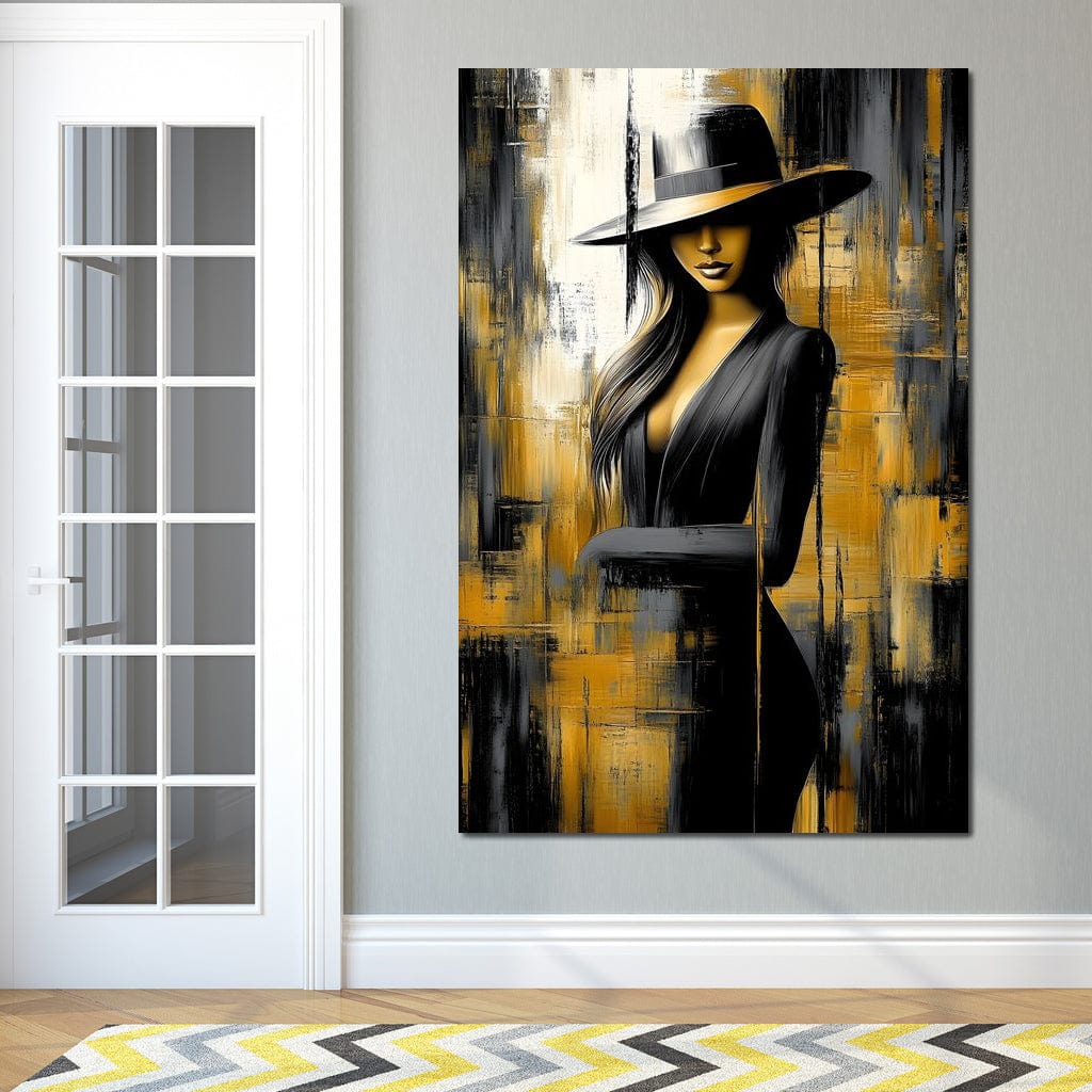 Tablou Canvas Premium, LuxCanva® G1173, Trecatoare prin Lumina, Oras, Necunoscuta, Boruri, Palarie, Silueta, Feminina, Auriu, Conceptual, Estetica, Cinematografic, Birou, Living, Dormitor