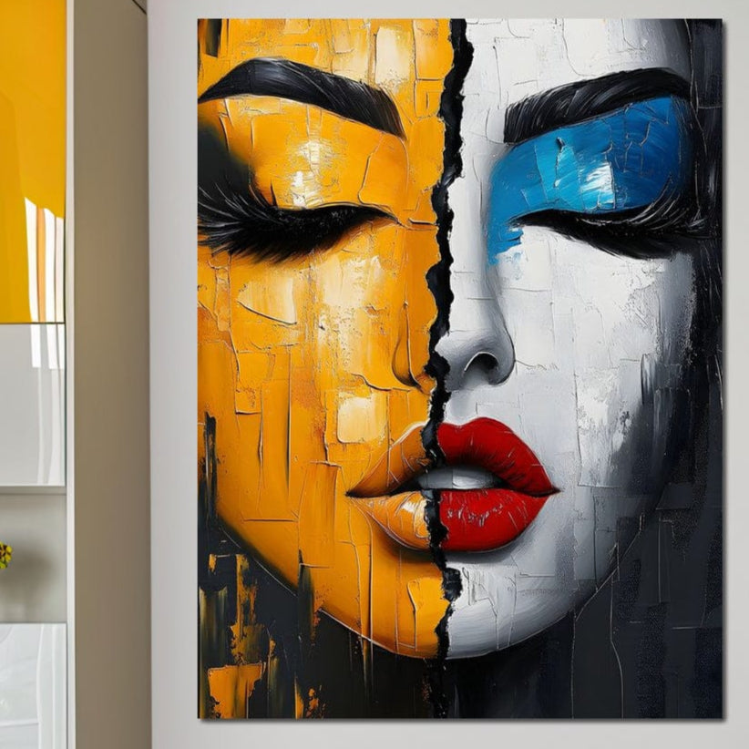 Tablou Canvas Premium, LuxCanva® G1210, Tacere si Strigat, Dualitate, Fete, Contrast, Frumusete, Lumina, Umbra, Masca, Diviziune, Impact, Inima, Portret, Liniste, Pace, Salon, Birou, Living, Dormitor