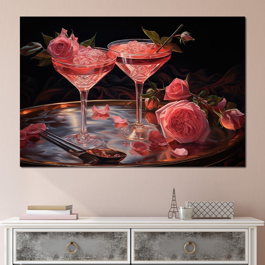 tablou canvas cu doua pahare de cocktail roz, decorate cu trandafiri si petale romantice