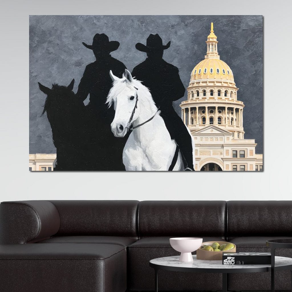 tablou canvas cu doi calareti, un cal alb si un cal negru in umbra, pe fundal cu o cladire istorica