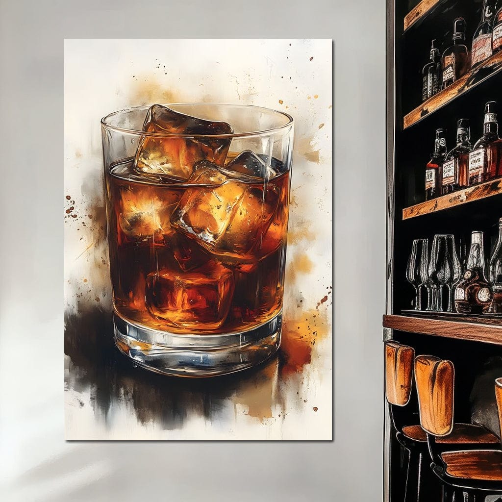 tablou canvas cu un pahar de whiskey cu gheata, pictat in nuante calde pe fundal deschis