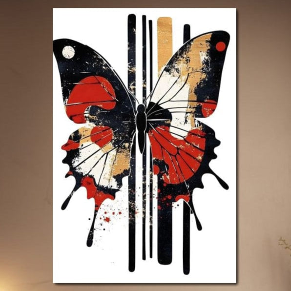tablou canvas cu un fluture in nuante de negru, rosu si auriu, pe fundal abstract liniar si deschis