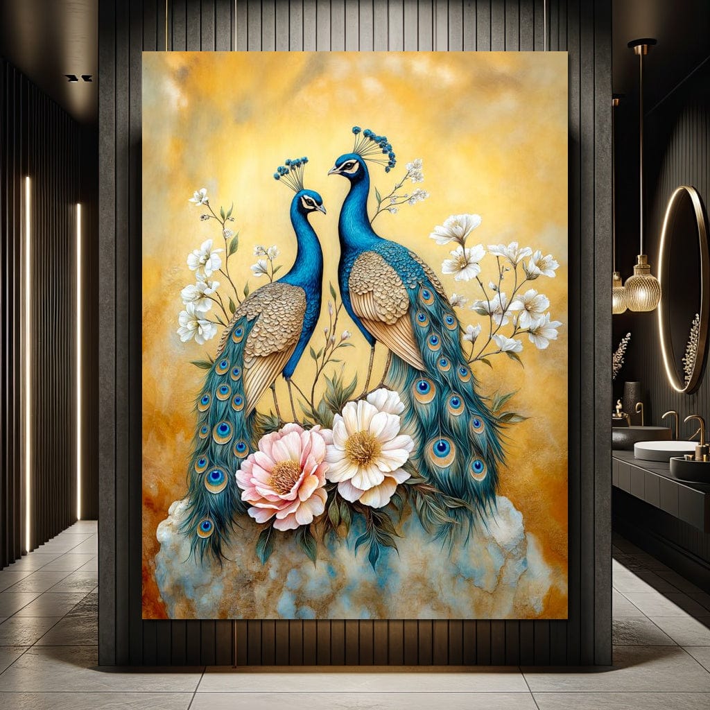 tablou canvas cu doi pauni eleganti inconjurati de flori albe pe fundal auriu