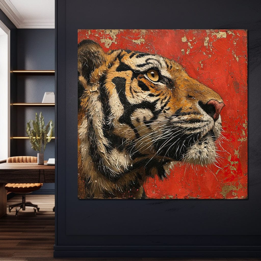 tablou canvas cu un tigru surprins din profil, pe fundal rustic rosu cu detalii aurii