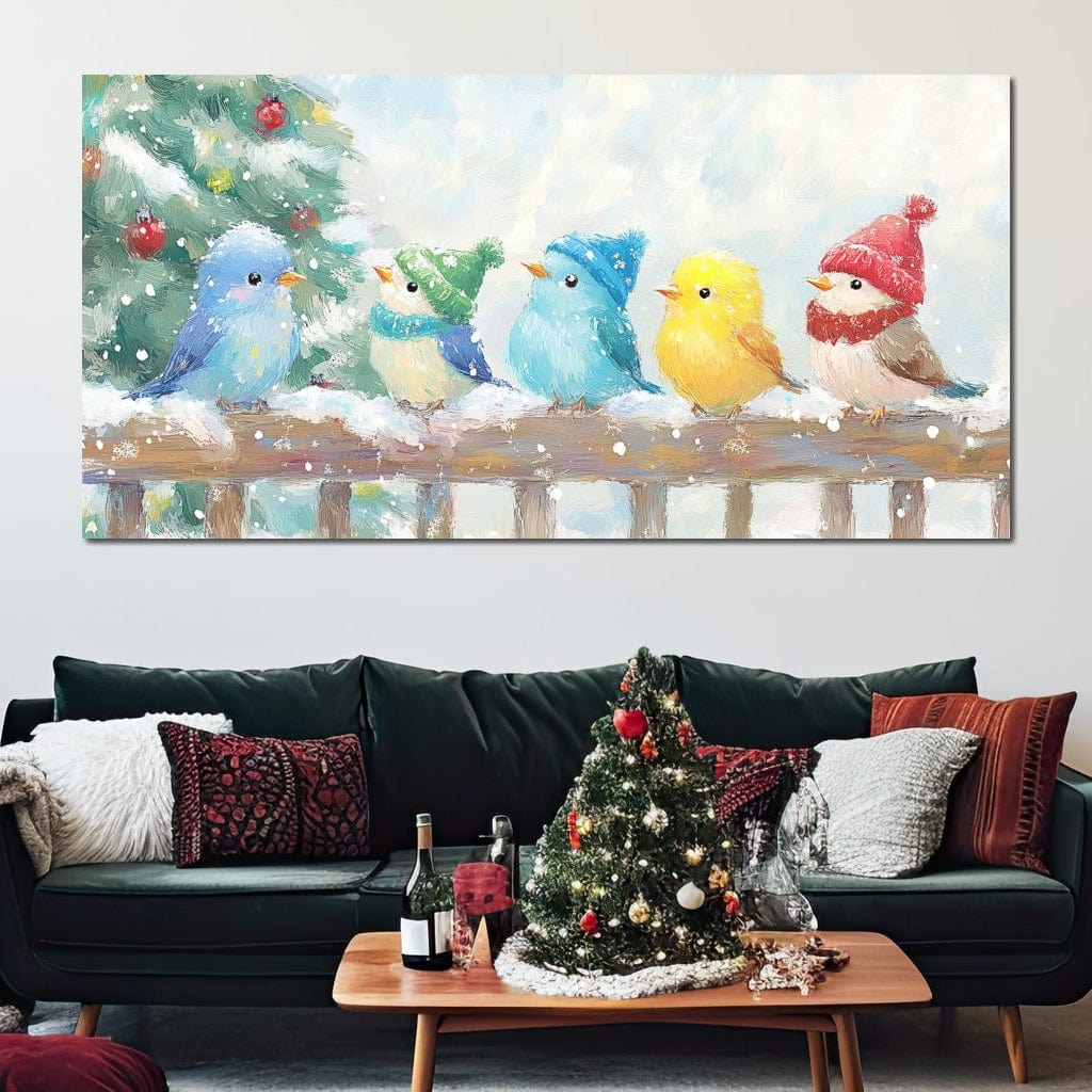 Tablou Canvas Premium LuxCanva® D1044, Pasarele in Straie de Iarna , Vrabiute, Iernatica, Veselie, Cantec, Prietenie, Living Room, Culori vibrante