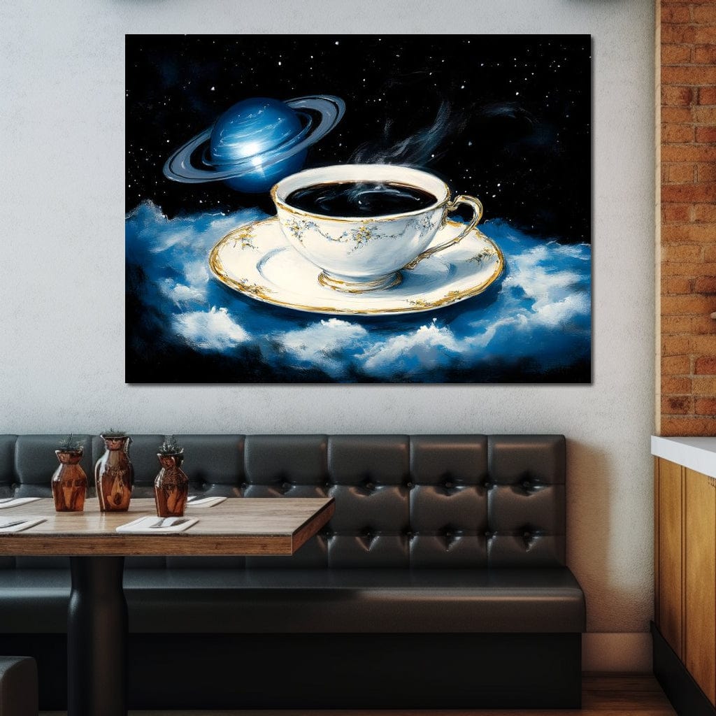 tablou canvas cu o ceasca de cafea plutind pe nori albi, pe fundal cosmic cu stele si o planeta albastra cu inele