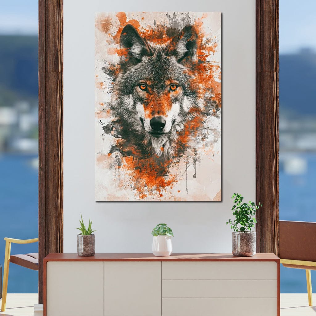 tablou canvas cu un cap de lup cu ochii rosii, pe fundal deschis pictat cu accente rosii si negre