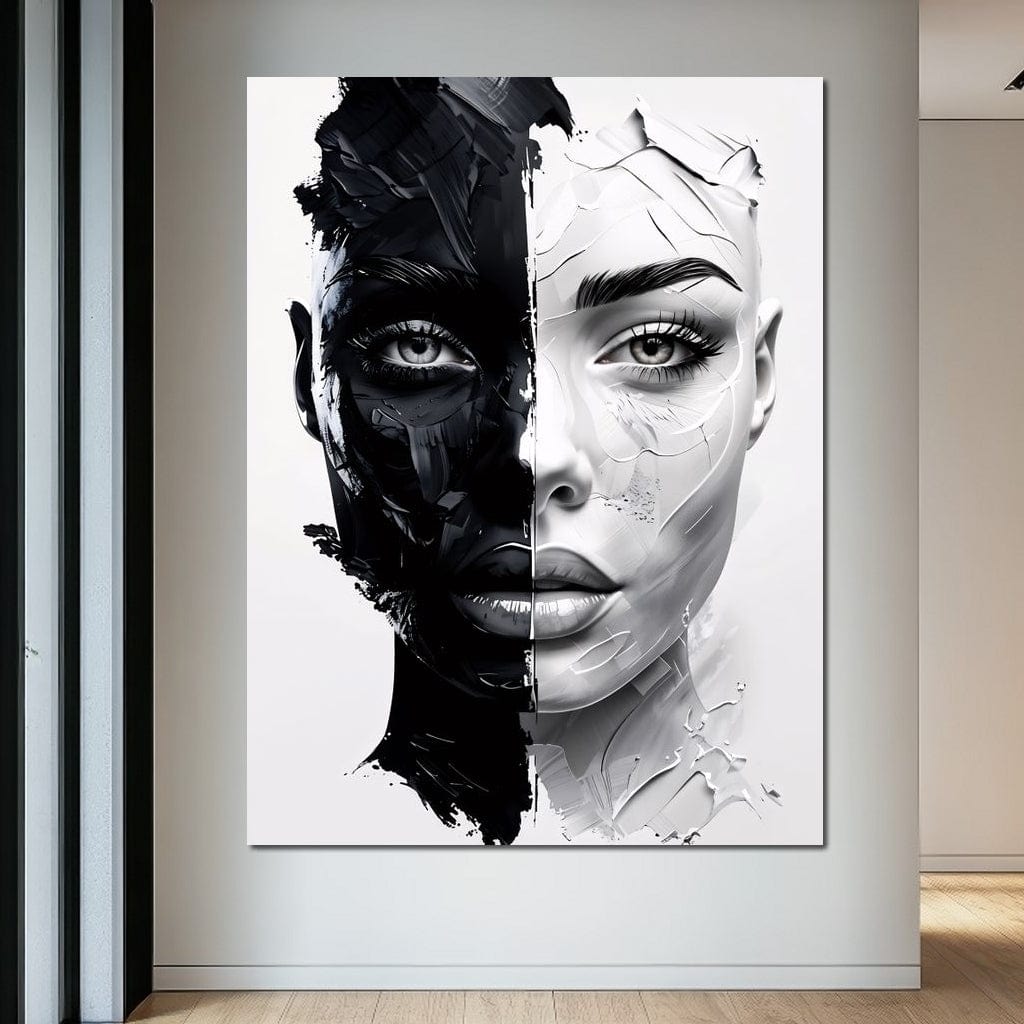 Tablou Canvas Premium, LuxCanva® G1163, Doua Fete, Un Suflet, Dualitate, Alb, Negru, Monocrom, Yin, Yang, Lumina, Impact, Negura, Armonie, Chipuri, Femei, Inima, Birou, Living, Dormitor