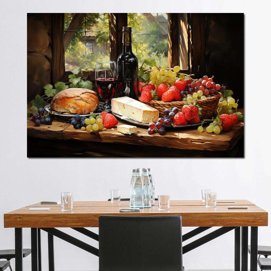 tablou canvas cu o sticla de vin, paine, branza si fructe asezate pe o masa de lemn, intr-o atmosfera rustica