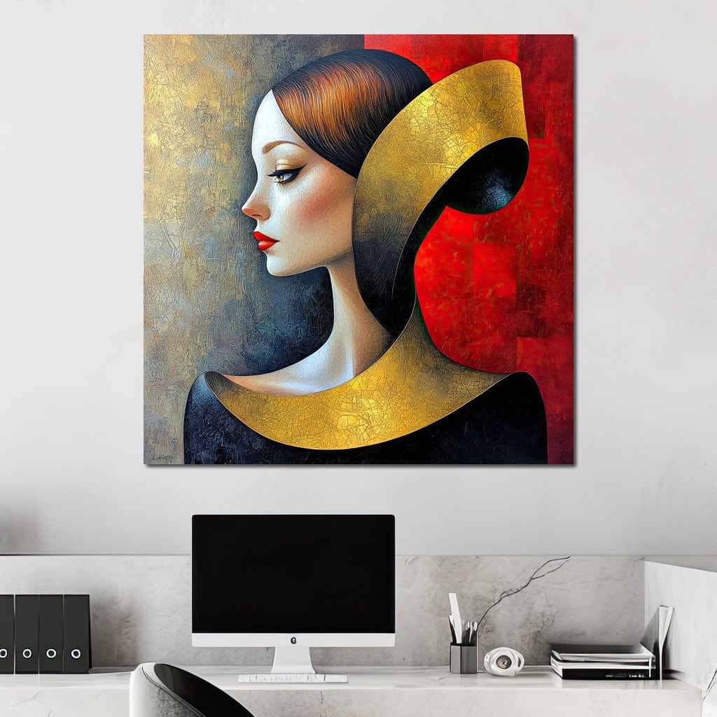 Tablou Canvas Premium, LuxCanva® G1123, Tacerea Geometrica, Femeie, Profil, Aur, Rosu, Arta, Expozitie, Abstract, Geometrie, Tacere, Living, Dormitor