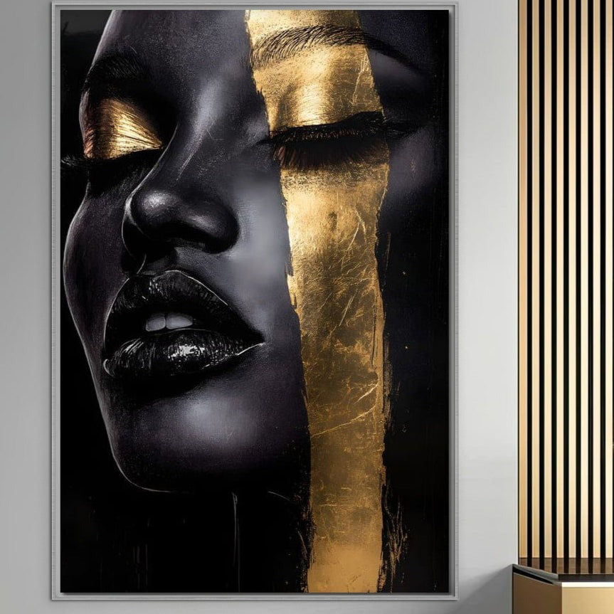 Leinwand Wandkunst Canvas Premium, LuxCanva® G1149, Dunkelgold, Königin, Eklipse, Chip, Göttin, Magie, Traum, Augen, Augen geschlossen, Glamour, anspruchsvoll, Luxus, Luxus, Sinnlichkeit, Schwarz, Büro, Wohnen, Schlafzimmer