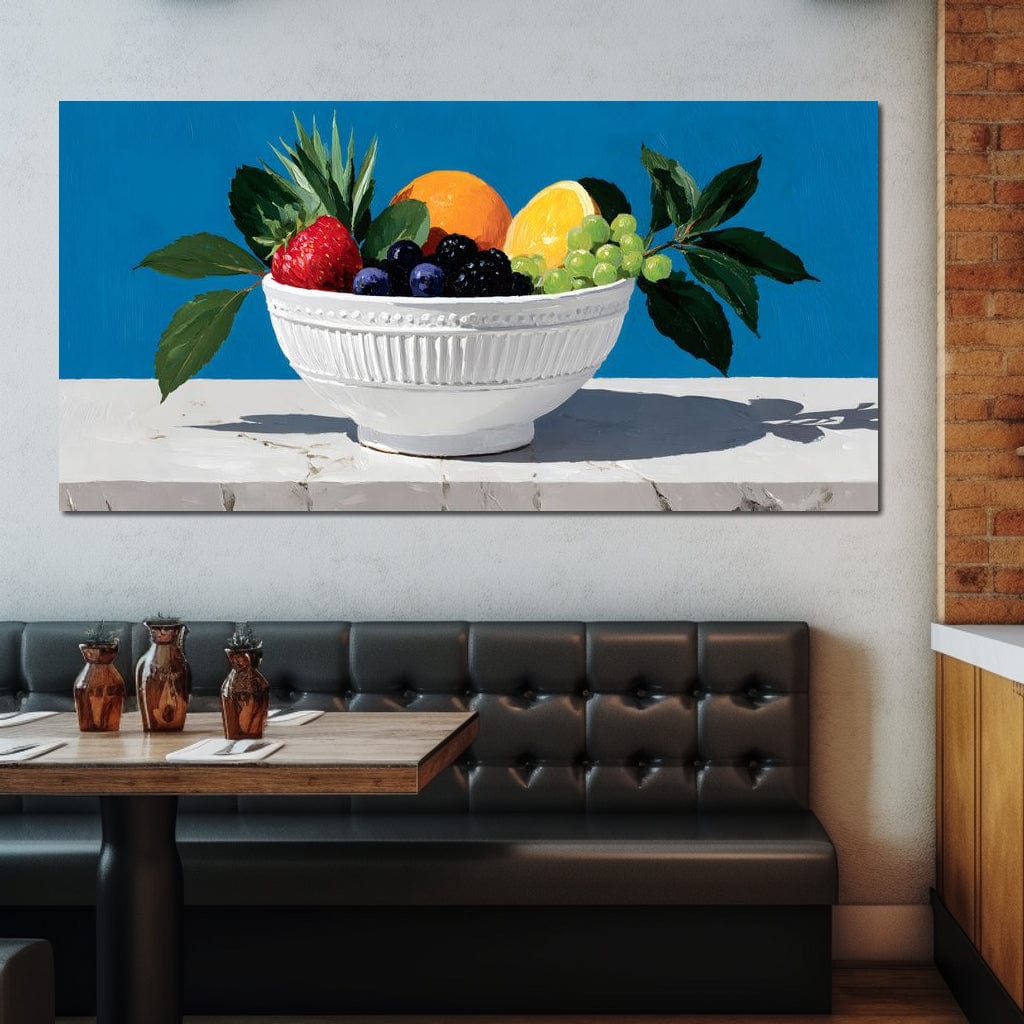 tablou canvas cu un bol alb in stil vintage, plin cu fructe proaspete, pe fundal albastru