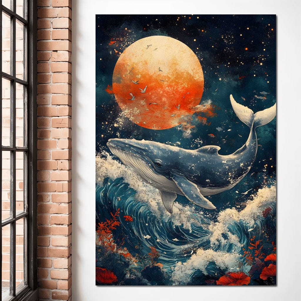 tablou canvas cu o balena in oceanul albastru cuprins de valuri, sub Luna plina rosie pe cer instelat