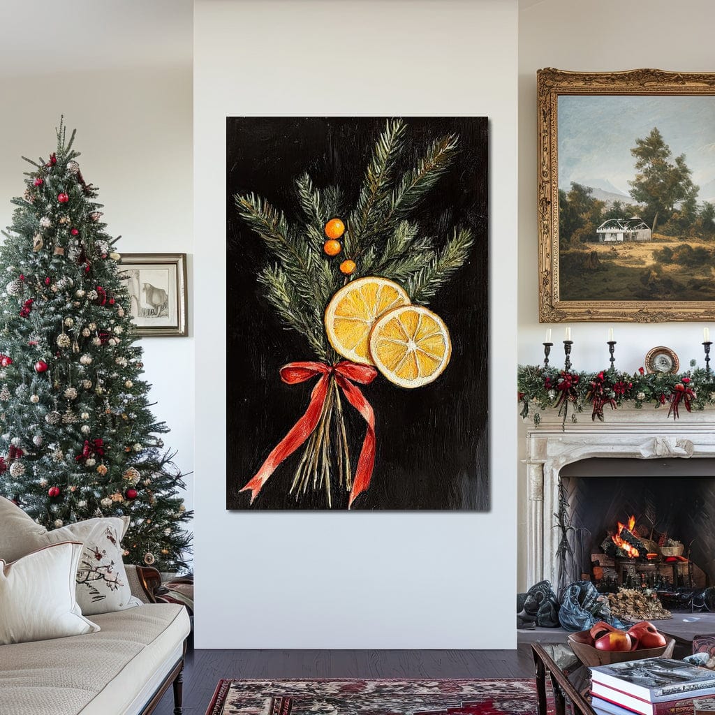 Tablou Canvas Premium LuxCanva® D1015, Ramuri Aromate de Brad , Ramuri, Brad, Portocale, Miros, Living Room, Culori vibrante