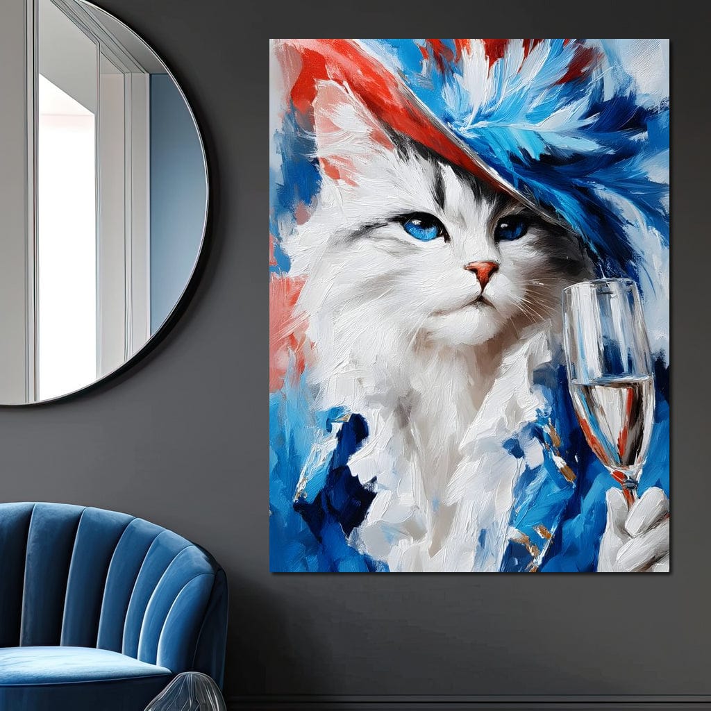 tablou canvas cu o pisica alba aristocrata, in costum albastru cu palarie cu pene si un pahar cu sampanie, pe fundal multicolor stil pictura