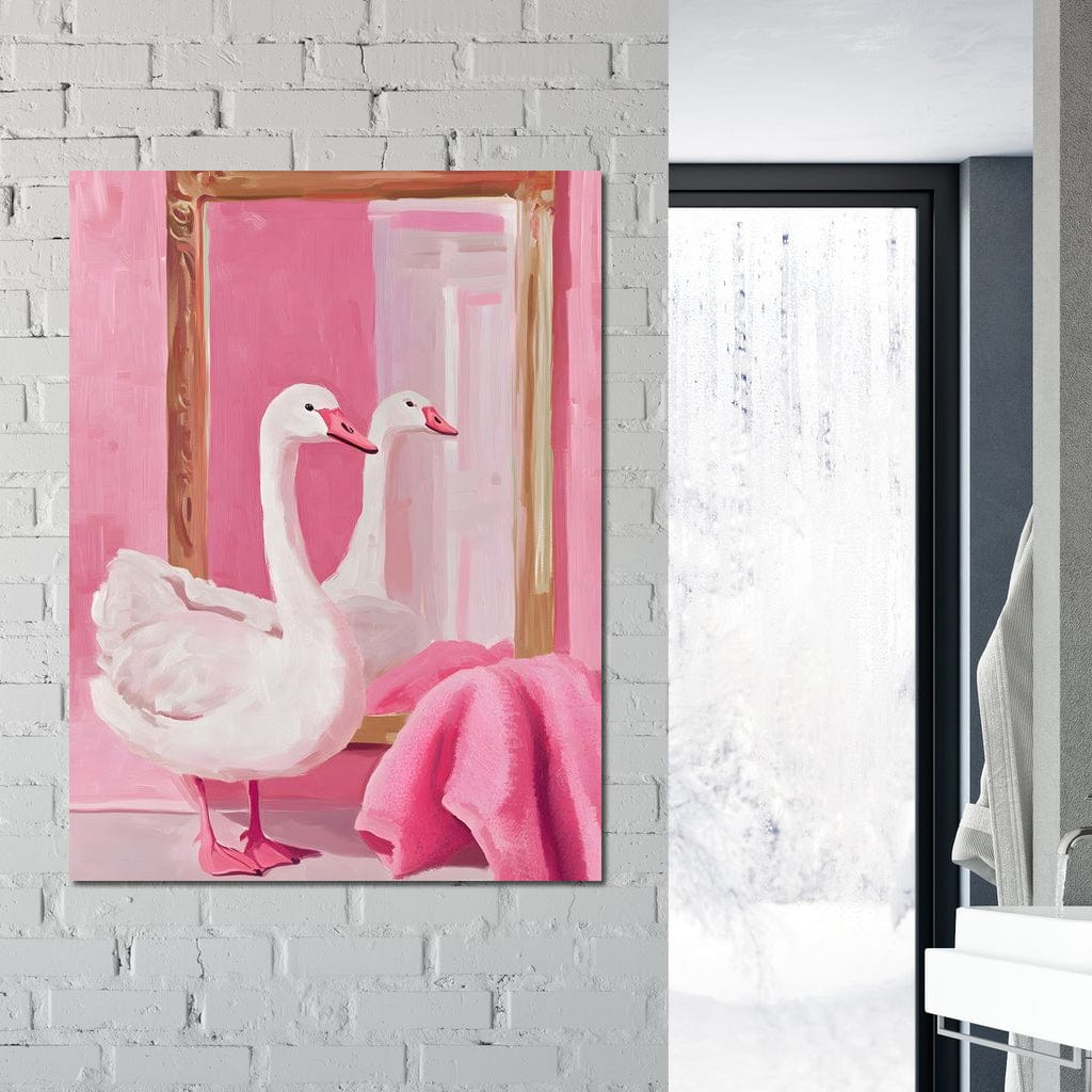 tablou canvas cu o lebada si un prosop roz, privind in oglinda cu margini aurii, pe fundal roz pastelat