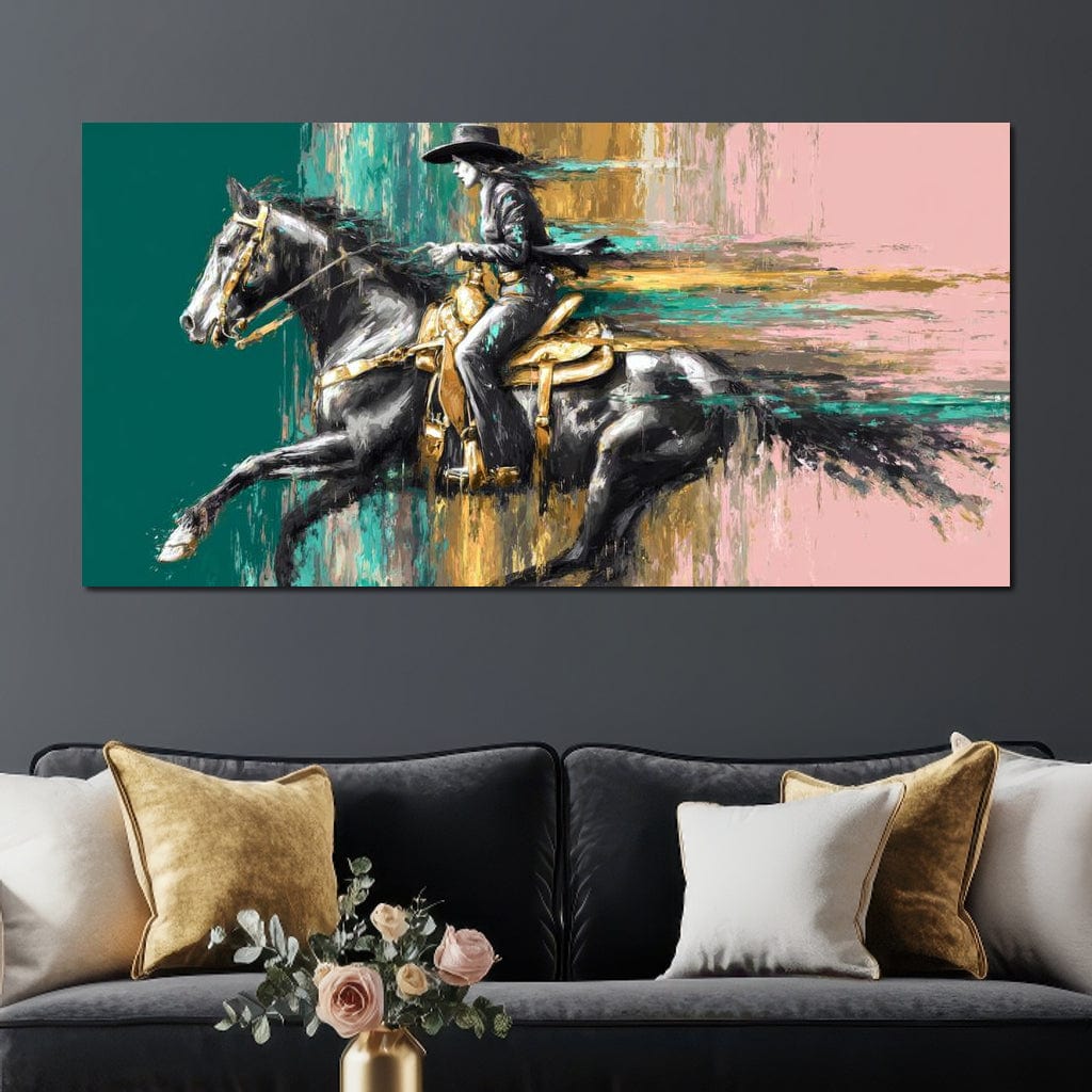 tablou canvas cu un calaret si un cal in galop, cu viteza pe fundal abstract pictat in culori calde si reci