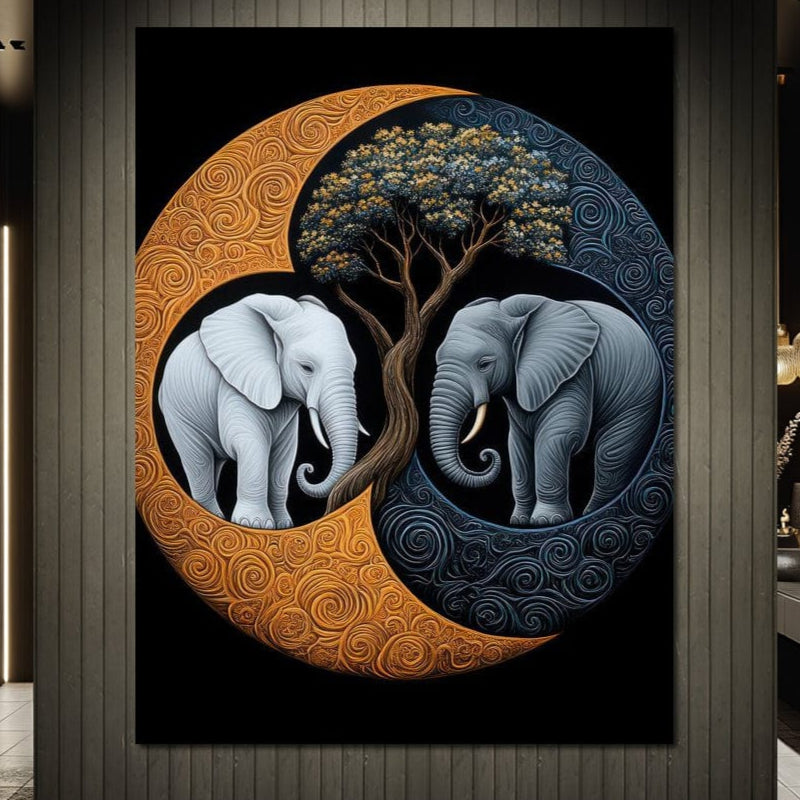 Tablou Canvas Premium, LuxCanva® M1317, Sub Copacul Vietii, Yin si Yang, Elefanti, Echilibru, Zen, Copac, Intelepciune, Conexiune, Meditatie, Natura, Abstract, Birou, Living, Camera Copil
