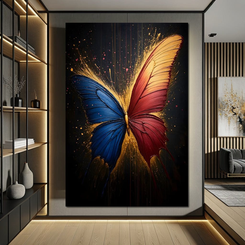 tablou canvas cu un fluture cu o aripa albastra si una rosie, in contur auriu pe fundal negru cu stropi de culoare