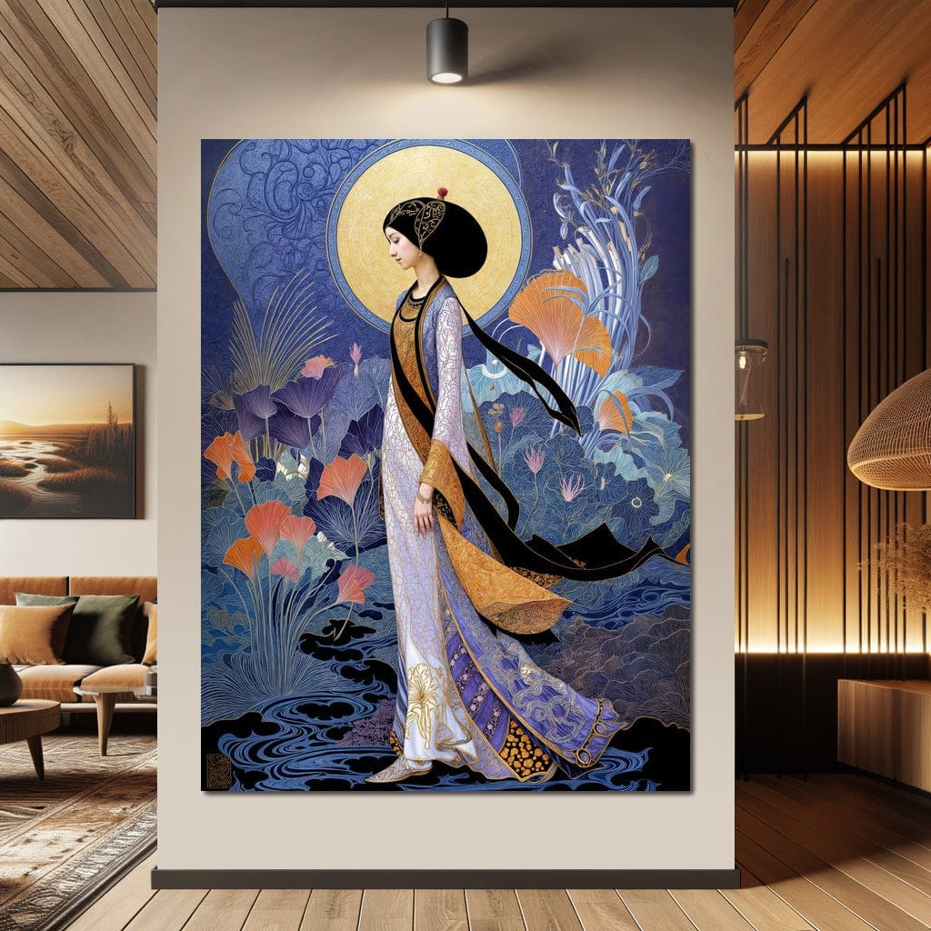 Tablou Canvas Premium, LuxCanva® G1145, Regina Gradinii Lunare, Lady, Luna, Flori, Eleganta, Oriental, Lotus, Rafinat, Art Nouveau, Mistic, Visare, Plimbare, Birou, Living