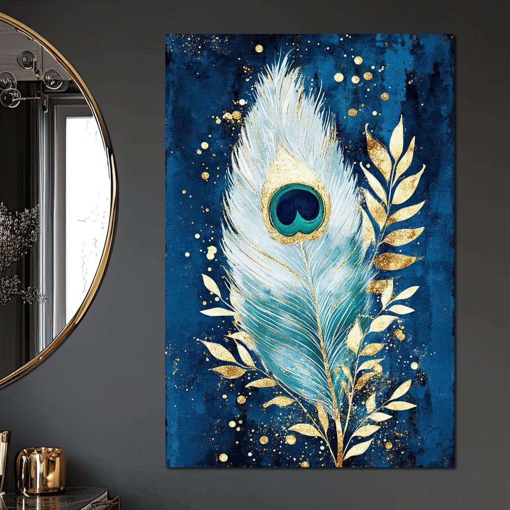 tablou canvas cu o pana de paun pictata cu accente aurii, pe fundal albastru inchis