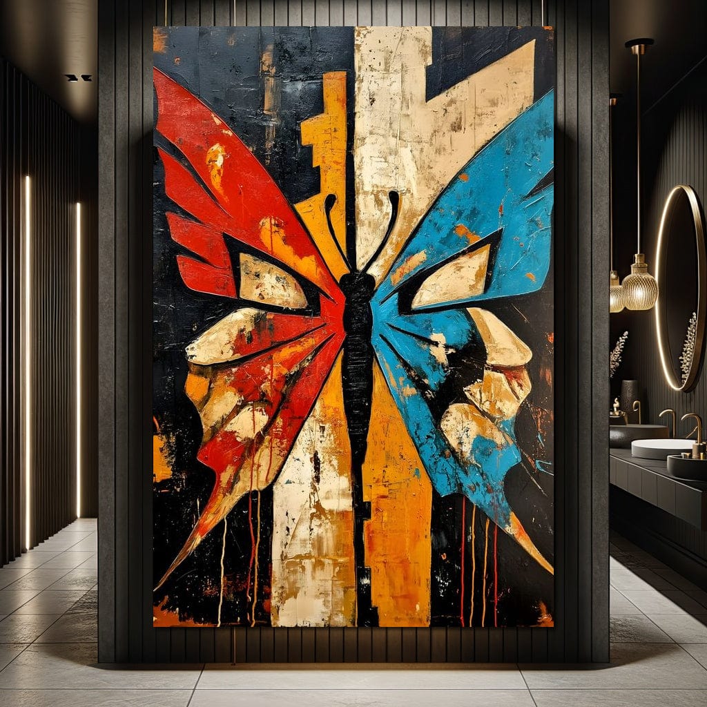 tablou canvas cu un fluture abstract in nuante de rosu si albastru, pe fundal urban texturat in stil pictura graffiti