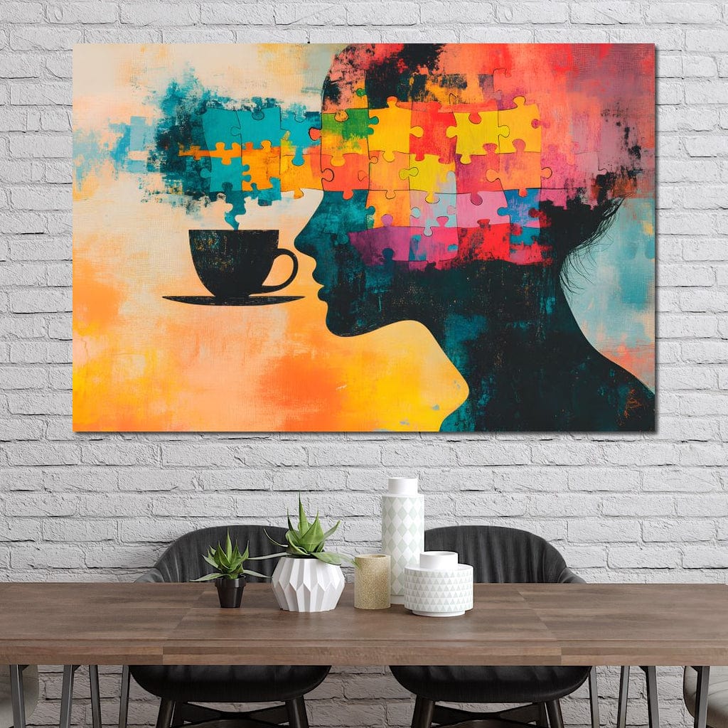 tablou canvas cu silueta unei femei, compusa din piese de puzzle multicolore, langa o ceasca neagra cu cafea, pe fundal pictat in culori vibrante