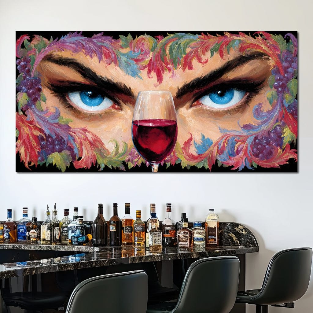 tablou canvas cu ochi albastri privind un pahar de vin rosu, intr-un cadru cu flori multicolore si struguri