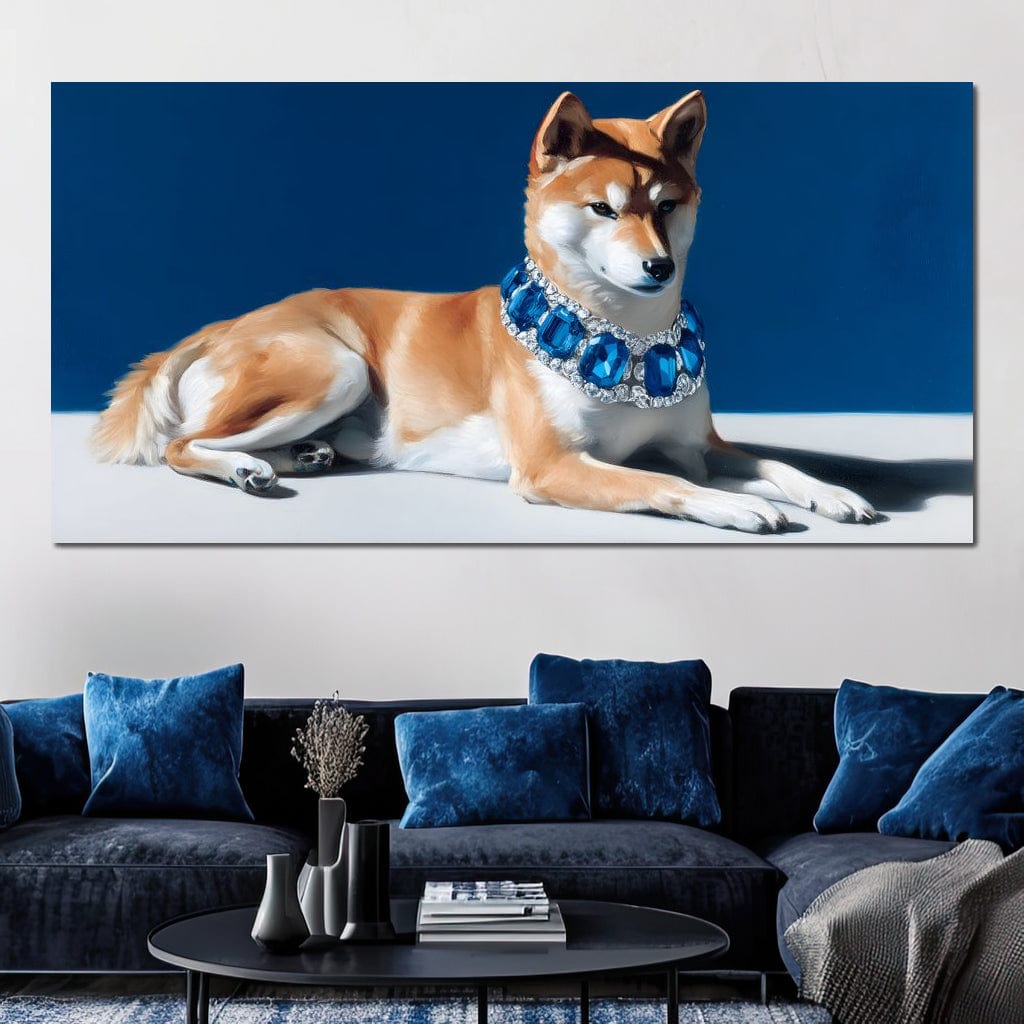 tablou canvas cu un caine shiba elegant, intr-o postura relaxanta purtand un colier cu pietre albastre, pe fundal minimalist albastru si alb