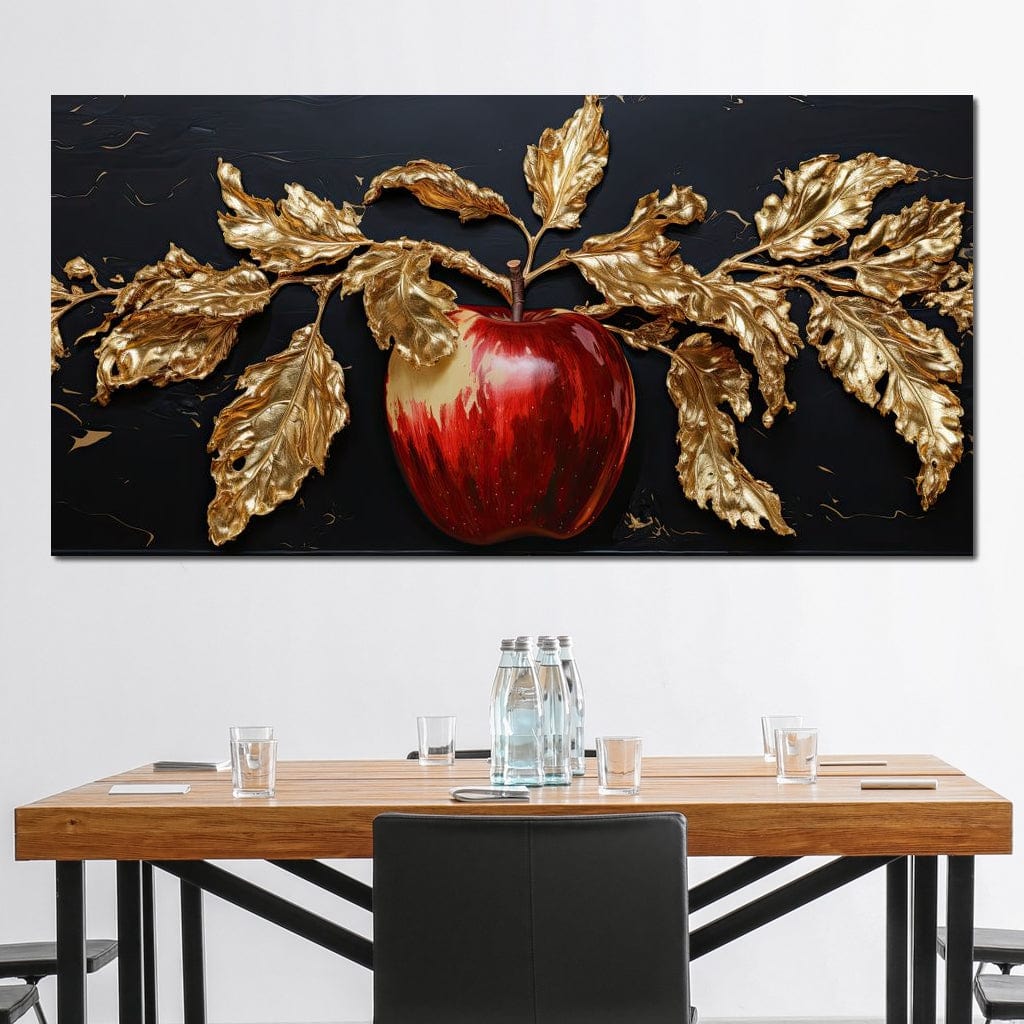 tablou canvas cu un mar rosu cu frunze aurii pe fundal negru cu accente aurii