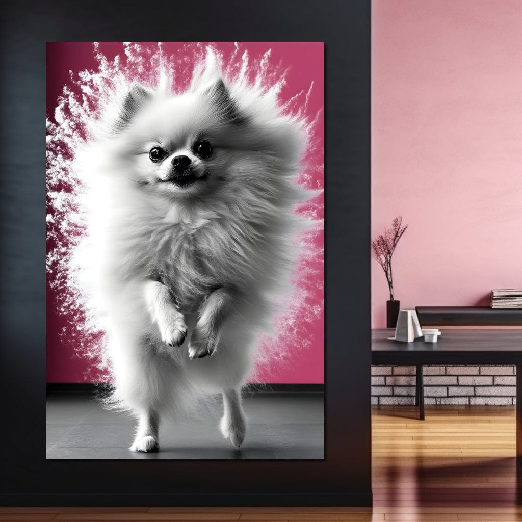 tablou canvas cu un pomeranian alb si pufos in miscare, pe fundal roz vibrant