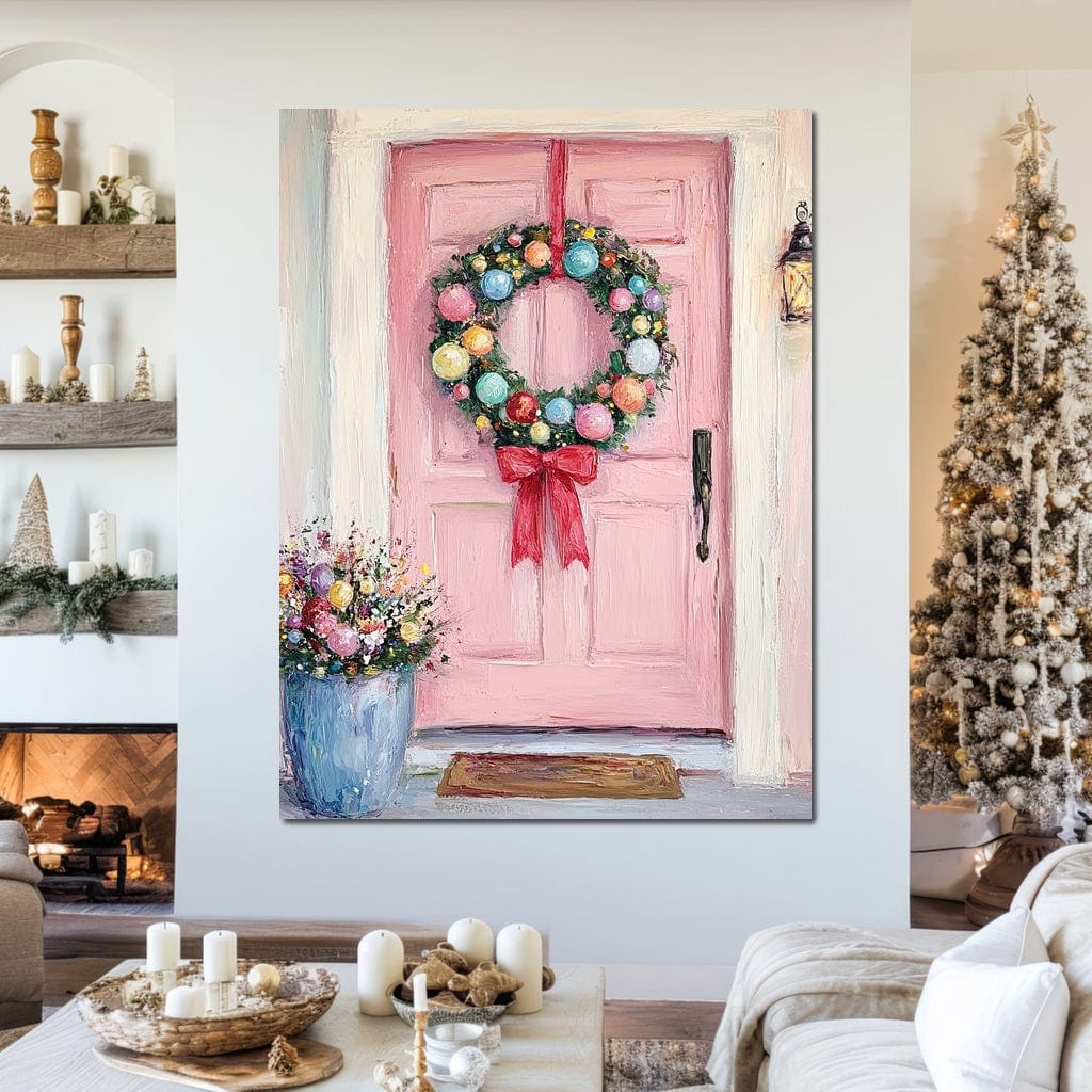Tablou Canvas Premium LuxCanva® D1060, Bine ai Venit, Craciun , Coronita, Roz, Usa, Festiv, Craciun, Musafiri, Living Room, Culori vibrante
