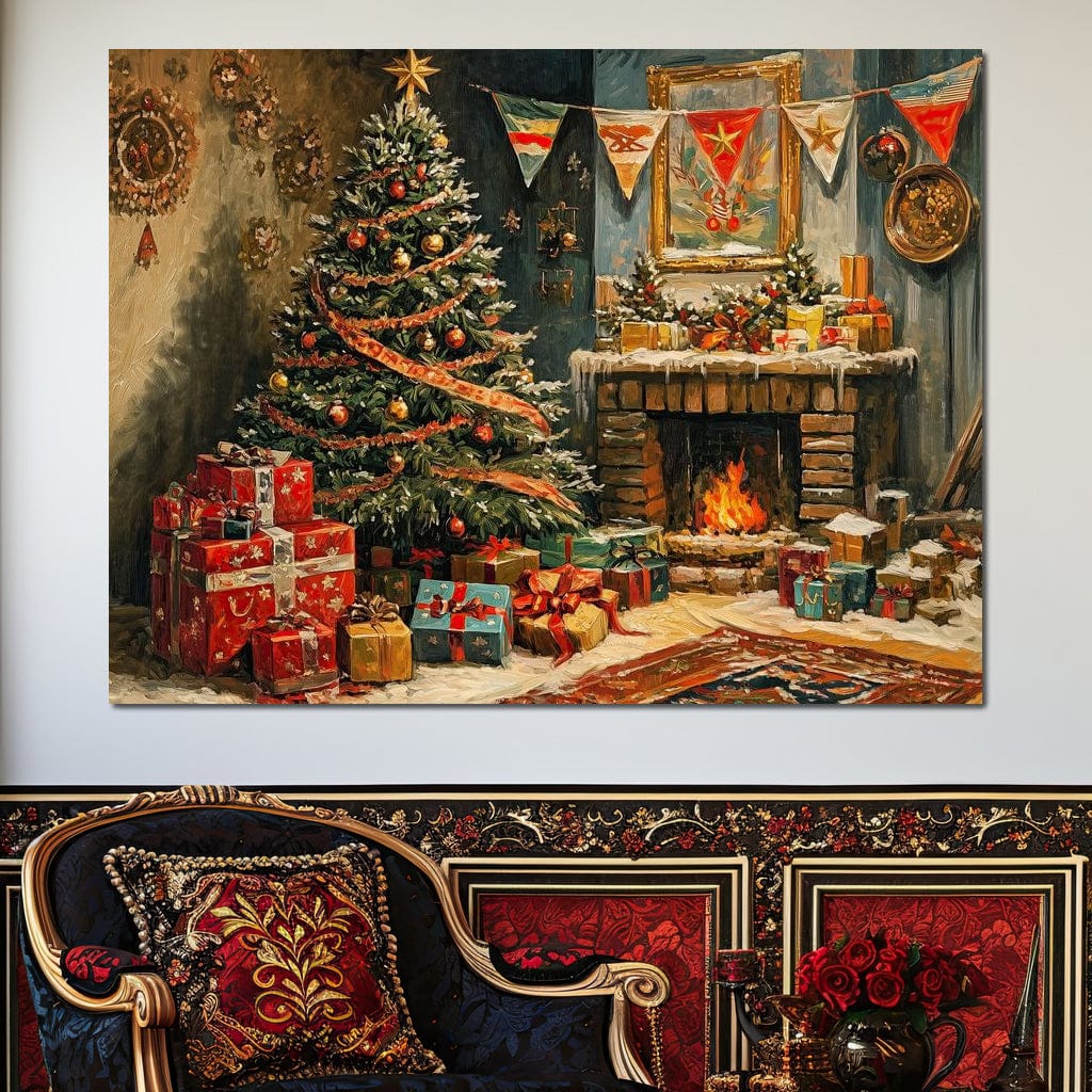 Tablou Canvas Premium LuxCanva® D1019, Noaptea de Ajun ,  Brad, Beculete, Semineu, Foc, Daruri, Living Room, Culori vibrante