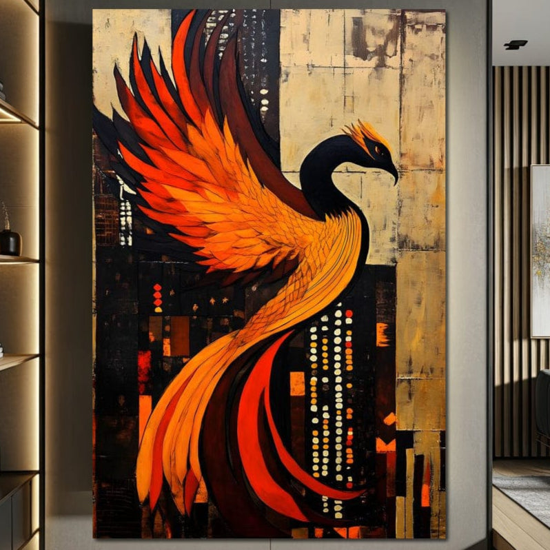 tablou canvas cu o pasare Phoenix in zbor pe fundal abstract rosu, portocaliu si galben