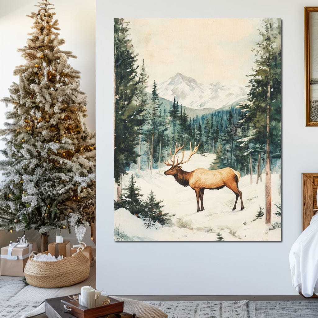 Tablou Canvas Premium LuxCanva® D1050, Cerbul din Muntii Inzapeziti , Cerb, Brazi, Munti, Natura, Zapada, Padure, Living Room, Culori vibrante