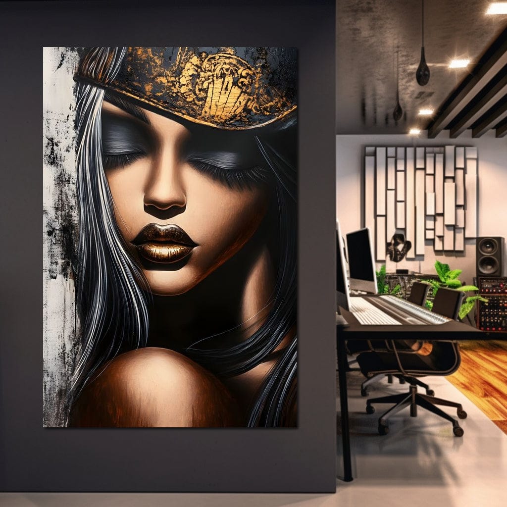 Tablou Canvas Premium, LuxCanva® G1184, Linistea Reginei, Imperial, Tacere, Aur, Meditatie, Regat, Coroana, Sclipire, Buze, Mister, Estetica, Opulenta, Lux, Birou, Living, Dormitor