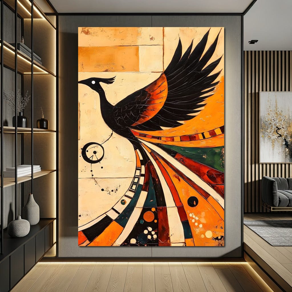 tablou canvas cu o pasare Phoenix in zbor, redata in forme geometrice si culori vii pe fundal abstract